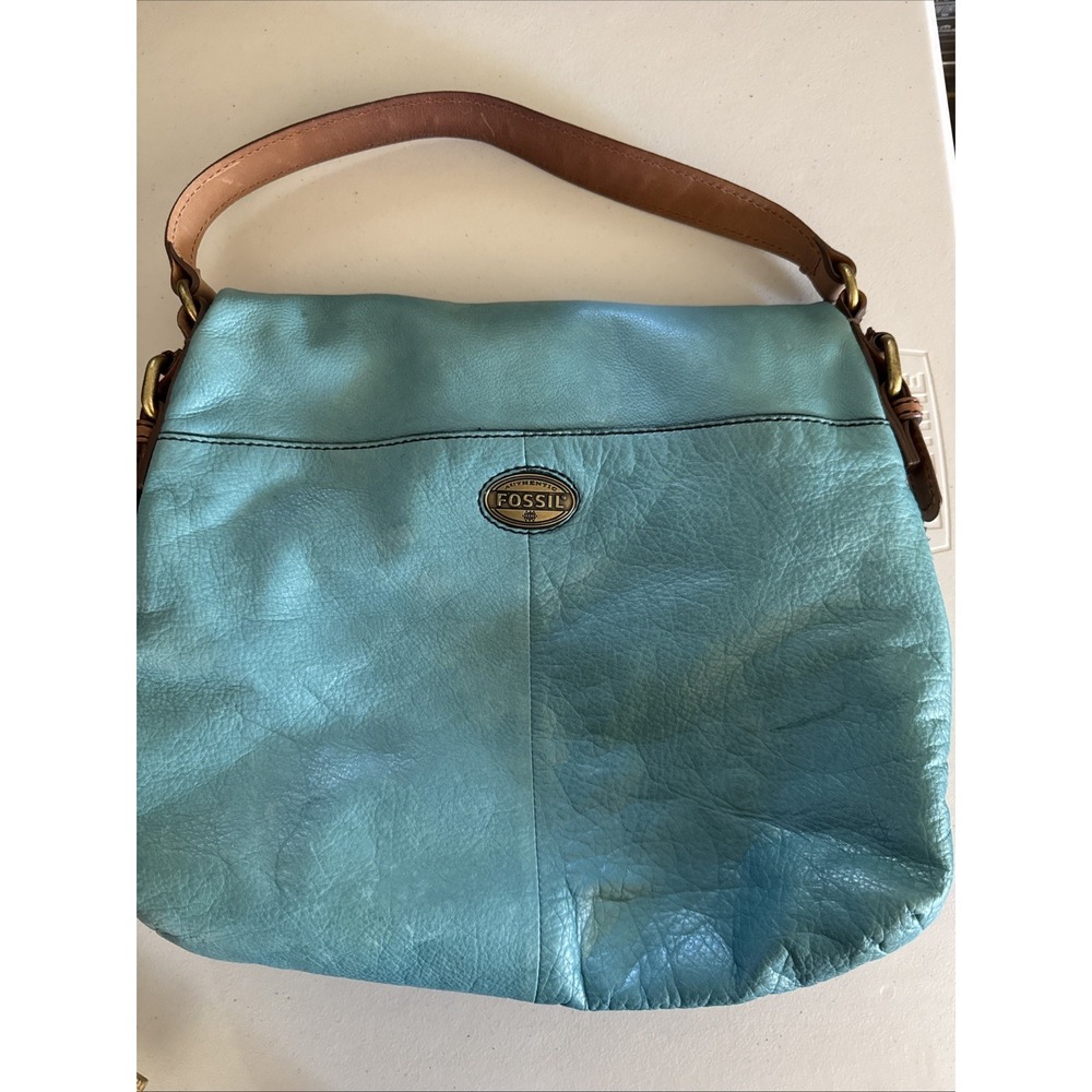 Fossil Explorer Large Leather Turquoise Fold Over Messenger‎ Satchel bag Purse